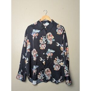 Vince Silk Blouse Womens 1X Black Floral Button Up Long Sleeve Luxury